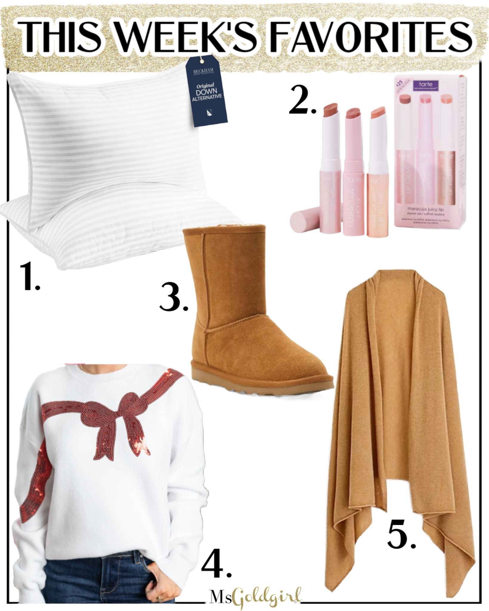 WEEKLY FAVORITES
November 3, 2023
1. If you’re getting ready to host guests over the holidays, add these pillows to your guest room!
2. The best introduction to the Tarte Juicy Lips line-perfect git, stocking stuffer or favorite things item!
3. Real suede booties under $25!!
4. This sequin bow sweater will work for almost every holiday event! Runs TTS
5. This oversized cashmere throw is on sale and a very elegant way to get cozy. Great for travel too!


#LTKshoecrush #LTKhome #LTKGiftGuide