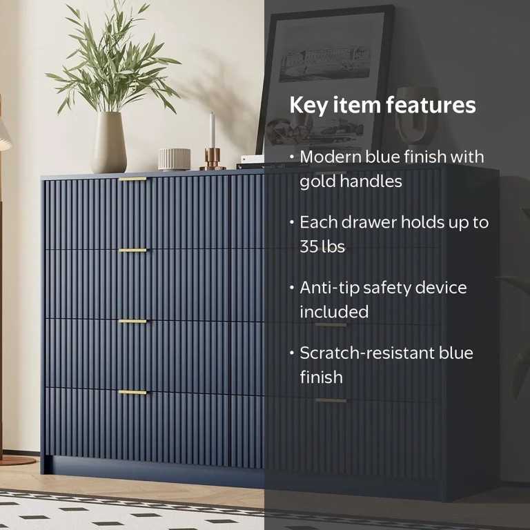 FURNIWAY Blue 8 Drawer Dresser, Fluted Wood Clothes Storage Organizer Cabinet for Bedroom, Modern... | Walmart (US)