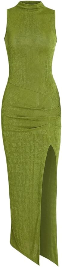 Charfille Women Sexy Semi Sheer Sleeveless Mock Turtleneck Jersey Ruched Thigh Slit Bodycon Maxi ... | Amazon (US)