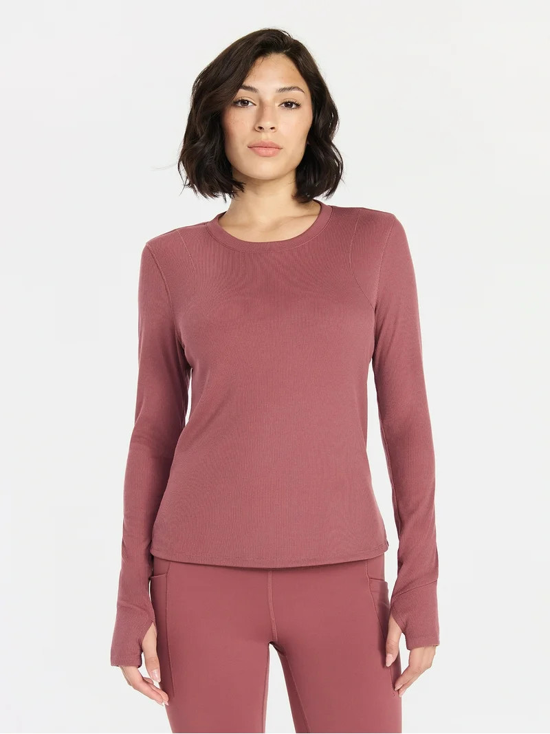 Avia Women's and Women's Plus Rib Seamed Long Sleeve Tee, Sizes XS-4X - Walmart.com | Walmart (US)