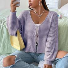 Plus Size Solid Color Cardigan With Front Tie | SHEIN