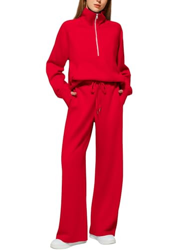 Casly Lamiit Matching Sets for Women 2 Piece Comfy Long Sleeve Sweatshirt Cute Winter Outfits Oversized Wide Leg Pants Lounge Tracksuit Red M | Amazon (US)