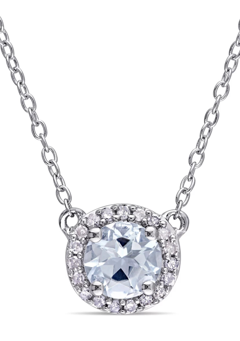 1/10 ct. t.w. Diamond and Aquamarine Halo Necklace in Sterling Silver | Belk