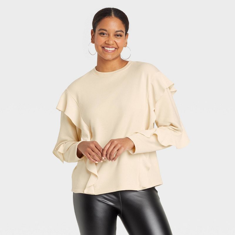 Women&#39;s Ruffle Sweatshirt - A New Day&#8482; Beige XS | Target
