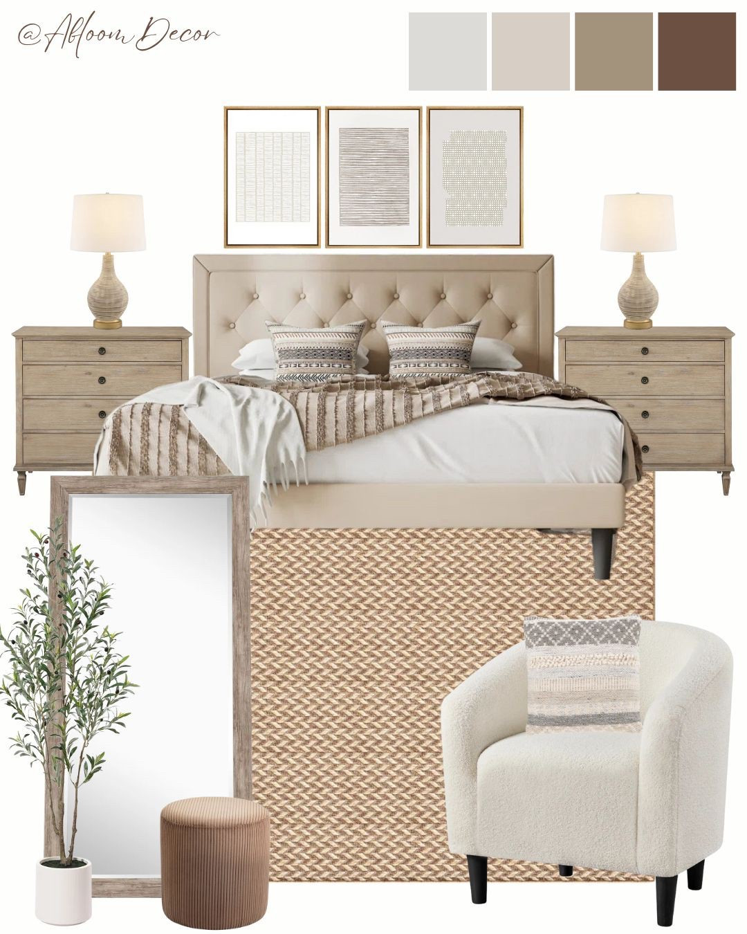 This neutral bedroom is all about warmth and texture, blending soft beige tones with cozy layers. The tufted headboard, natural wood finishes, and woven accents create a relaxed aesthetic.

#LTKHome