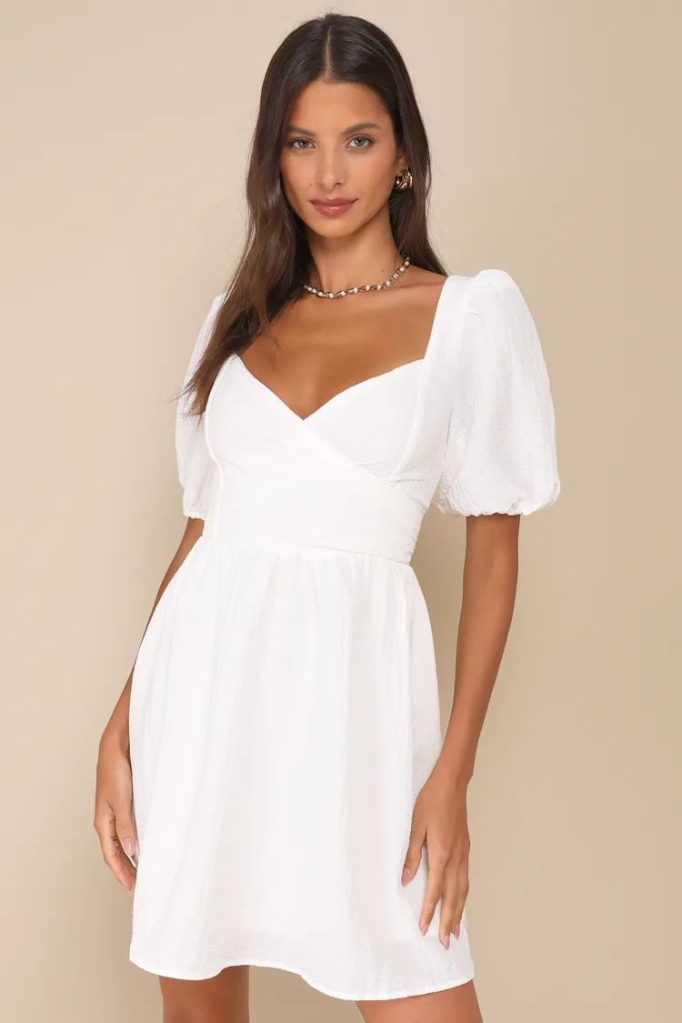 Little Bit In Love White Surplice Puff Sleeve Mini Dress | Lulus