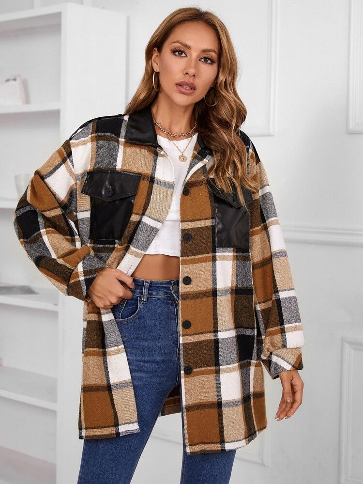 Plaid Print Drop Shoulder Coat | SHEIN