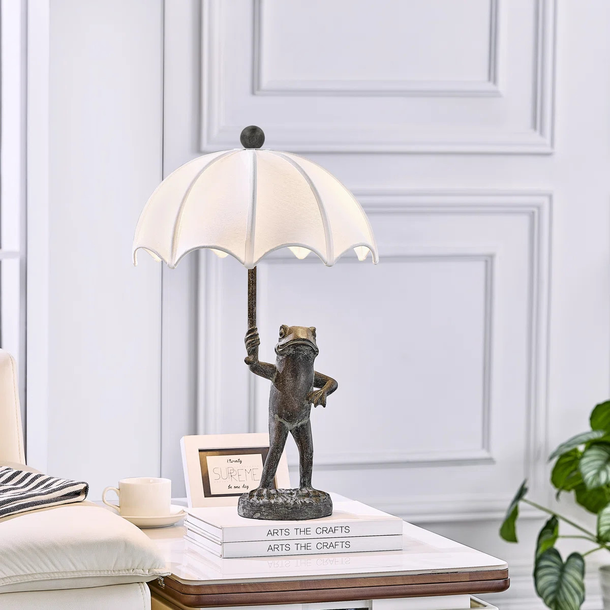 23" Bronze Resin Frog Table Lamp With Linen Umbrella Shade | Wayfair North America