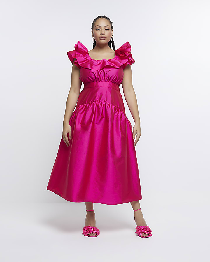 Plus pink puff sleeve midi dress | River Island (UK & IE)