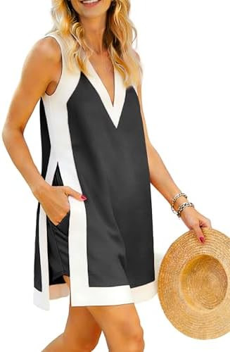 Hooever Women's Sleeveless V Neck Color Block 2 Piece Set Tunic Dress Top with Shorts Summer Beac... | Amazon (US)