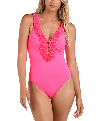 La Blanca Women's Island Goddess Ruffle Plunge One-Piece Swimsuit - Macy's | Macy's