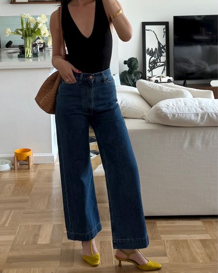 Size up 1 size for denim (wearing a 26), XS bodysuit, shoes run TTS
