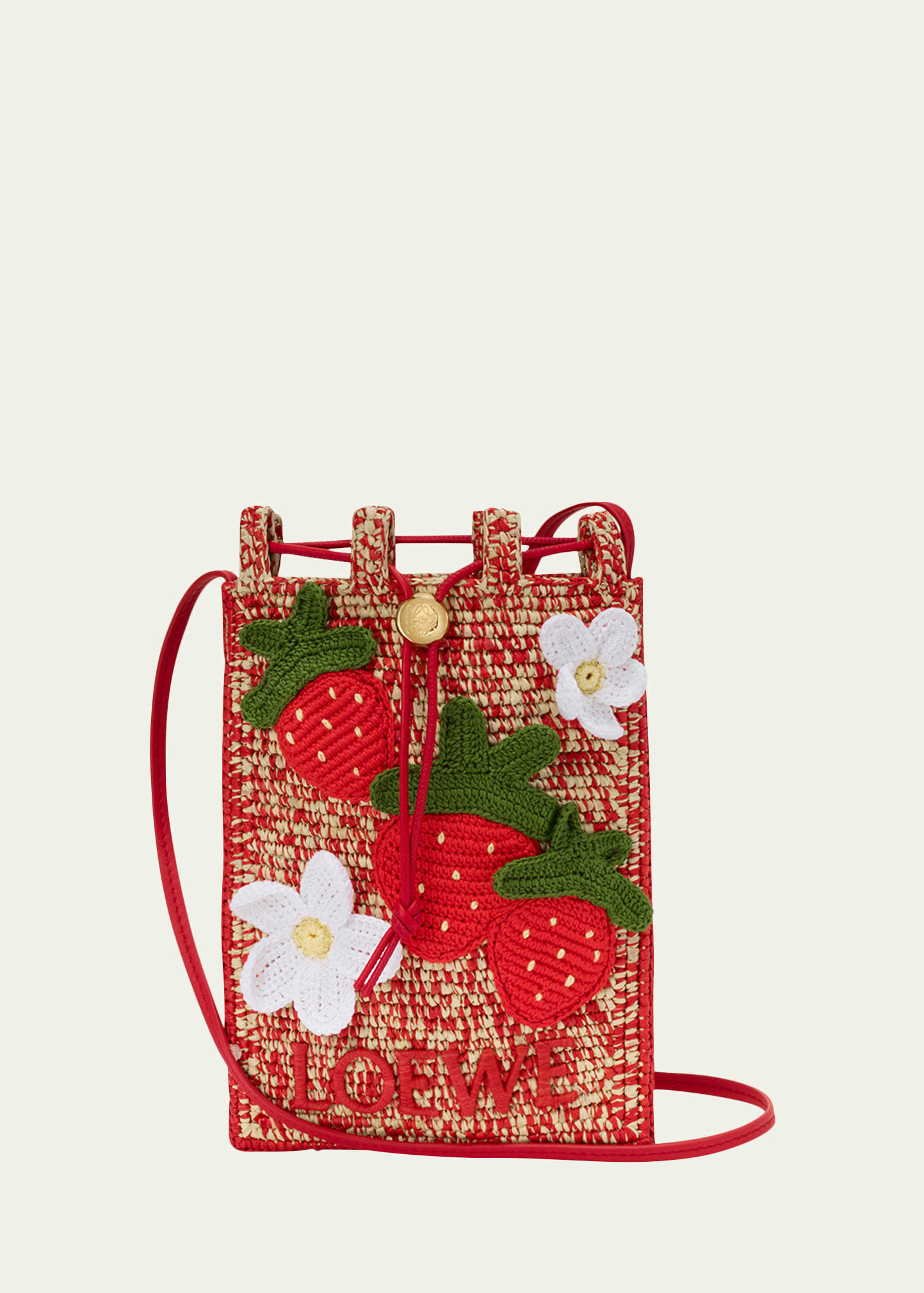 Loewe x Paula's Ibiza Strawberry Applique Raffia Pouch Bag | Bergdorf Goodman