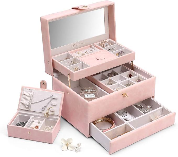 Vlando Jewelry Box Organizer with Small Travel Jewelry Box, 3-Layer Necklaces Earrings Rings Stor... | Amazon (US)