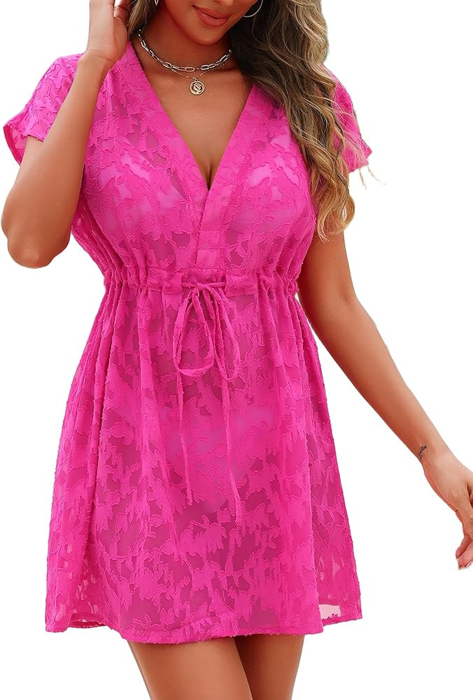 AI'MAGE Womens Bathing Suit Cover Up Lace Short Sleeve Swimsuit Coverups for Swimwear Sexy V Neck... | Amazon (US)