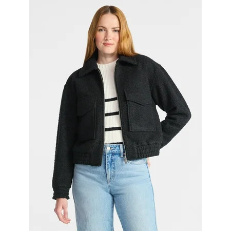 Time and Tru Women's Boucle Zip Bomber Jacket, Midweight, Sizes XS-XXXL | Walmart (US)