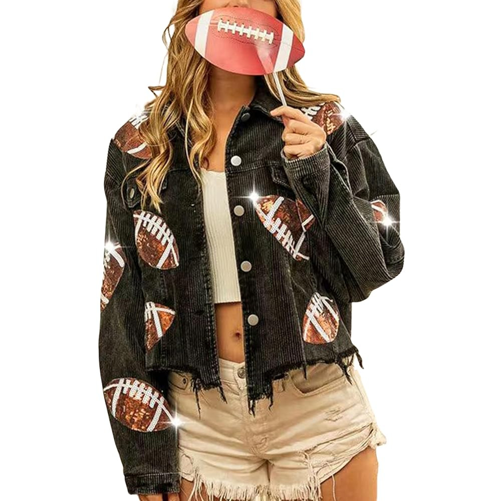SeekMe Women's Cropped Corduroy Jacket Football Sequin Patched Short Button Raw Hem Jacket Coat | Amazon (US)