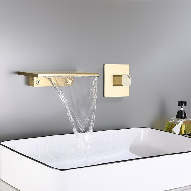 Waterfall Wall Mount Bathroom Sink Faucet Single Knob Solid Brass Brushed Gold | Homary