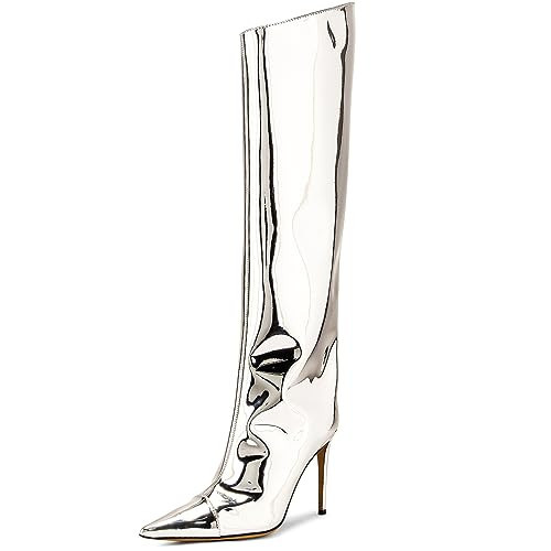 MUCCCUTE Silver Boots for Women-Metallic Knee High Boots for Women-Women's Pointed Toe Stiletto Chrome Thigh High Boots Sexy Fashion Long Boots | Amazon (US)