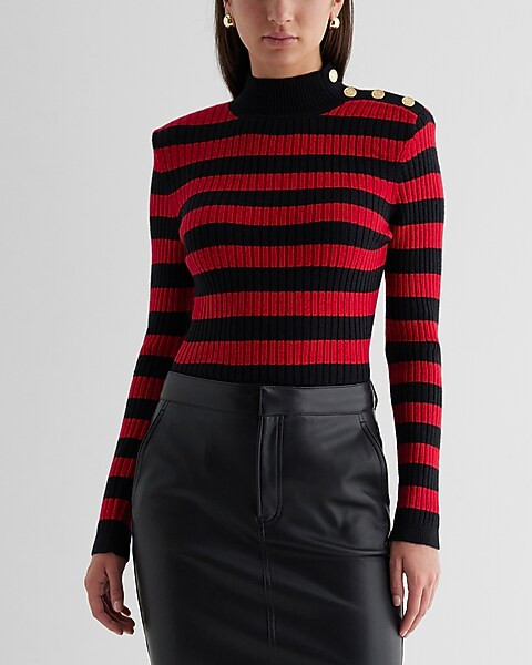 Striped Mock Neck Padded Shoulder Novelty Button Sweater | Express