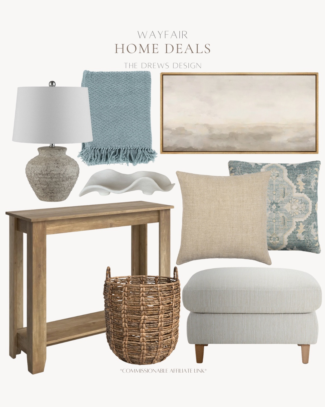 Wayfair home deals include ottoman, storage basket, throw pillows, decorative bowl, table lamp, throw pillow, and wall art.

Home decor, home accents, neutral home, coastal home

#LTKSaleAlert #LTKSeasonal #LTKHome