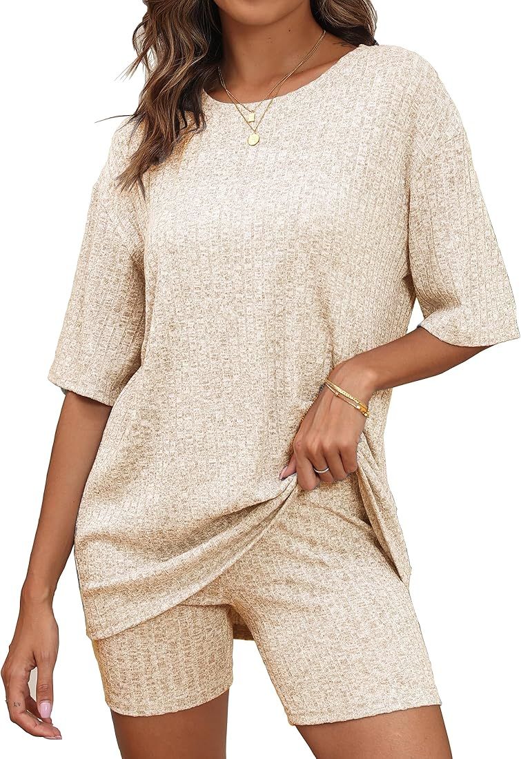 Women's Lounge Sets Pajamas Ribbed Knit Short Sleeve 2 Pieces Tshirt Bike Shorts Loungewear Outfi... | Amazon (US)