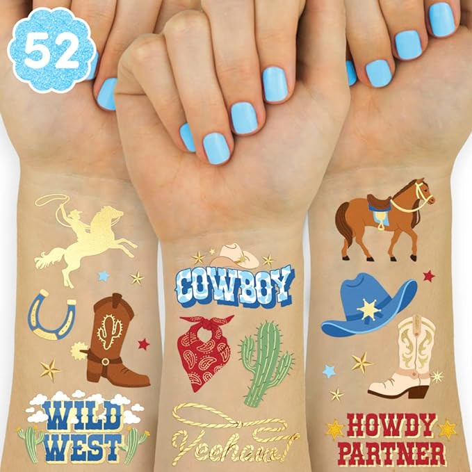 xo, Fetti Cowboy Temporary Tattoos for Kids- 52 Foil Styles | Rodeo, Boys Cowboy Crafts, Birthday... | Amazon (US)