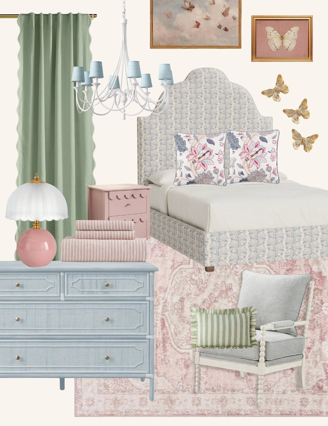 I’m obsessed with how soft and collected this room feels! The scalloped curtains, floral upholstered bed, pink rug, blue dresser, patterned pillows and vintage-inspired lighting are such pretty bedroom decor ideas if you love feminine color, pattern and traditional details. This is exactly the kind of blue, green and pink bedroom inspiration I could stare at all day.

#LTKHome