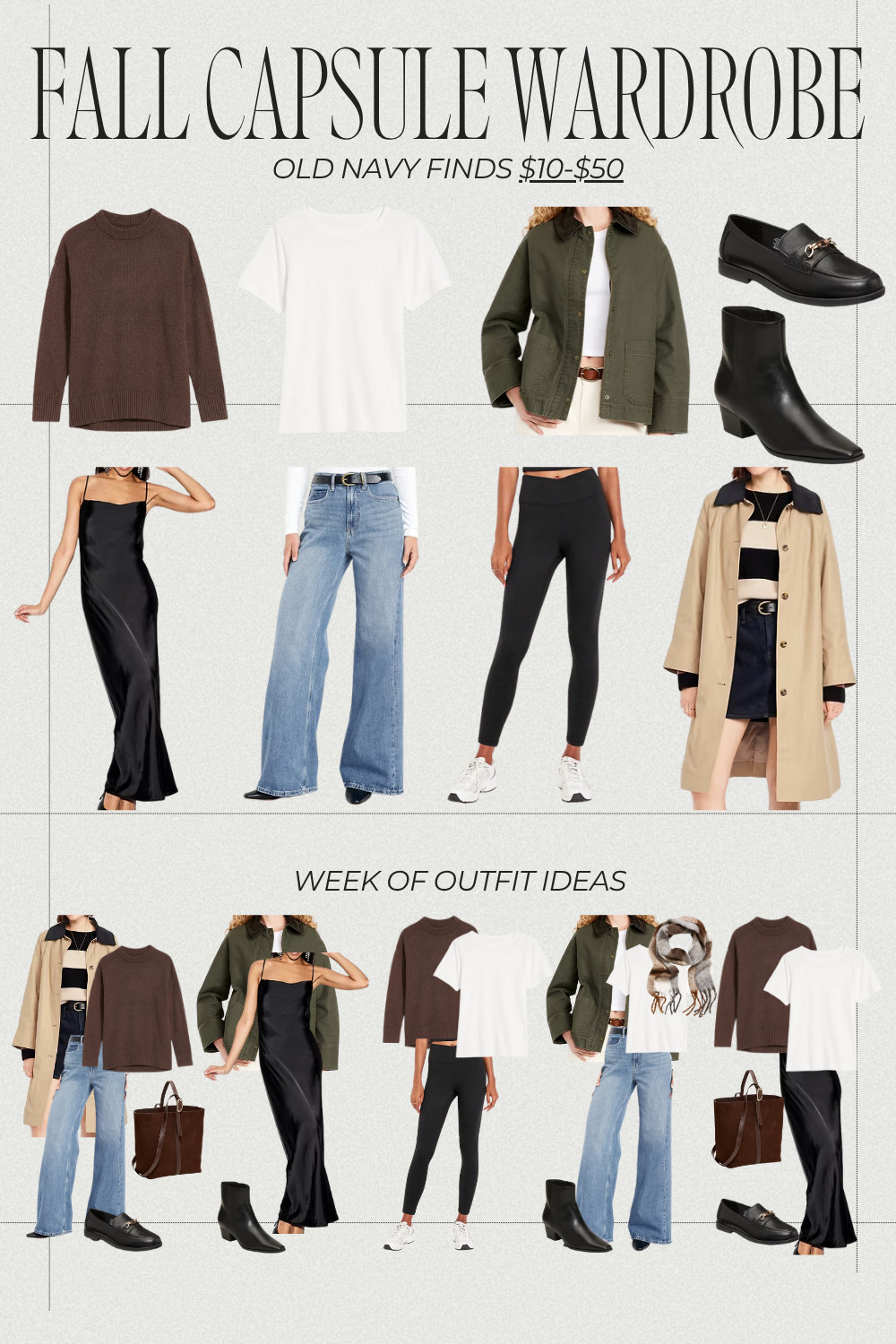 Old Navy has some incredible options I've picked for a fall capsule wardrobe full of timeless staples — all under $50 (and most under $25!) This curated collection includes a cozy espresso brown sweater, the perfect white tee, versatile denim, a black slip dress great on its own or layered, and pieces you can mix and match all week. These looks have a country prep inspired style and can easily all be dressed up or down depending on the occasion. 

Perfect for building a minimalist fall wardrobe that feels chic, budget-friendly, and easy to style. Shop my full linked collection to recreate these affordable fall outfit ideas now! 🍁✨ 

 #LTKSaleAlert #LTKFindsUnder50 #LTKStyleTip