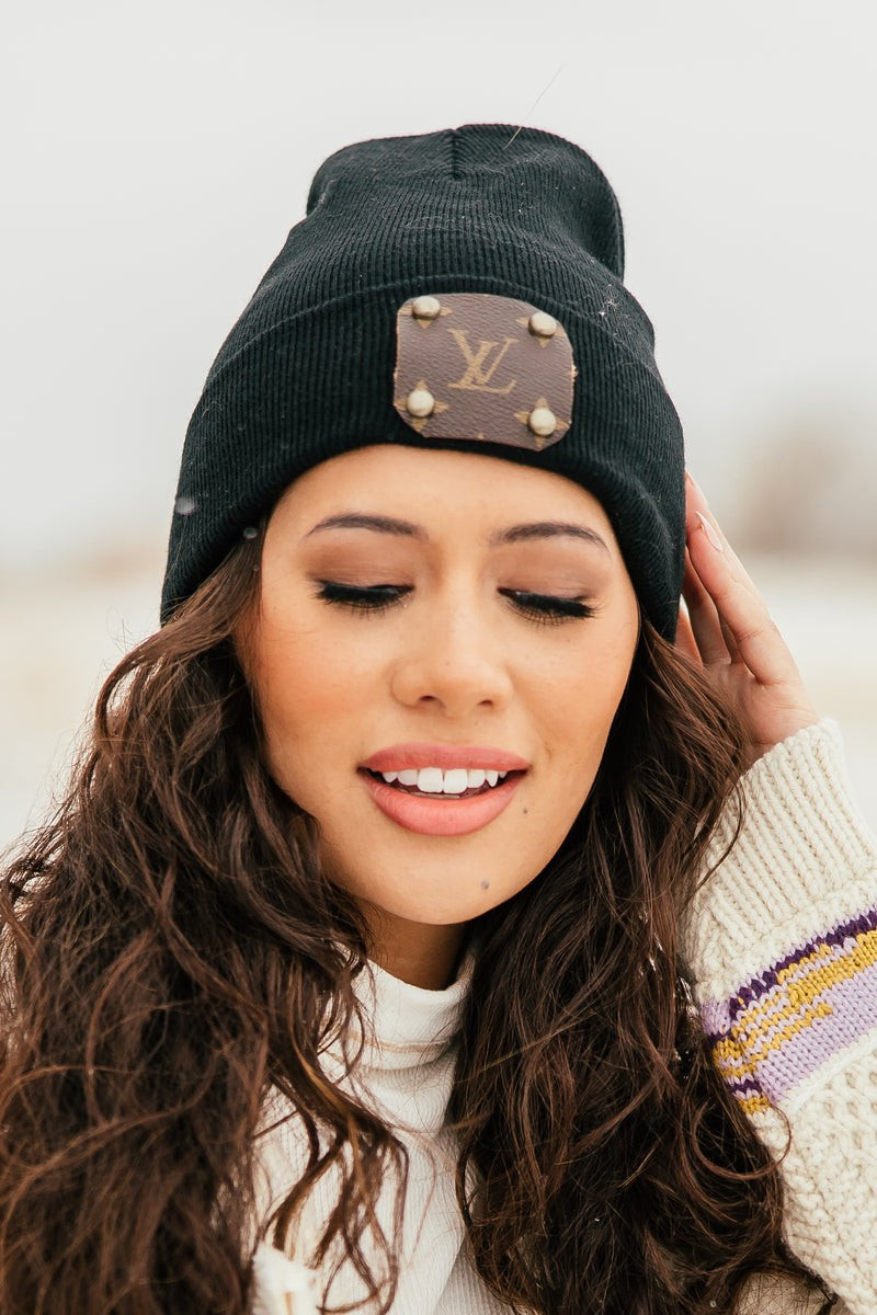 Plain Black Beanie with LV Logo | Vintage Boho