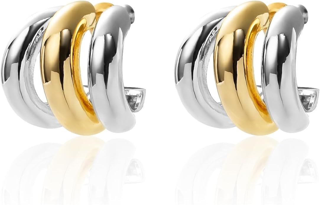 Silver and Gold Triple Hoops Earrings for Women Trendy Two Tone Hoop 18K Chunky Gold Earrings | Amazon (US)