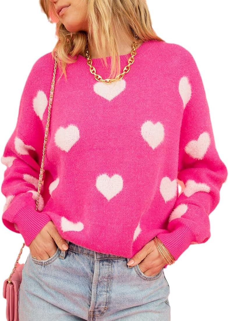 Women Cute Valentine Heart Graphic Jumper V-Neck Embroidery Knitted Loose Pullover Sweater Tops | Amazon (US)