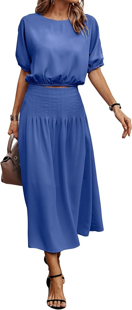 ECOWISH Women's Dresses 2023 Two Piece Outfits for Women Summer 2 Piece Dress Pleated Midi Skirt ... | Amazon (US)