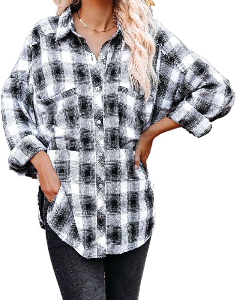 Paintcolors Women's Plaid Button Down Shirts Long Sleeve Blouses Flannel Oversized Tunic Tops wit... | Amazon (US)