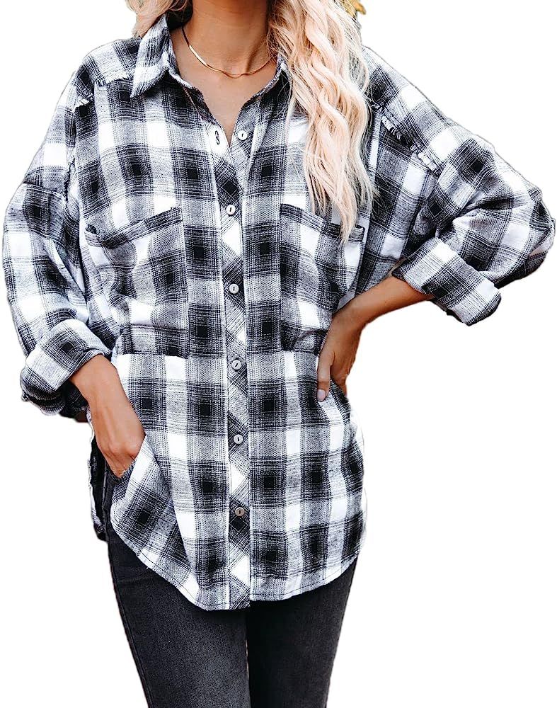 Paintcolors Women's Plaid Button Down Shirts Long Sleeve Blouses Flannel Oversized Tunic Tops wit... | Amazon (US)