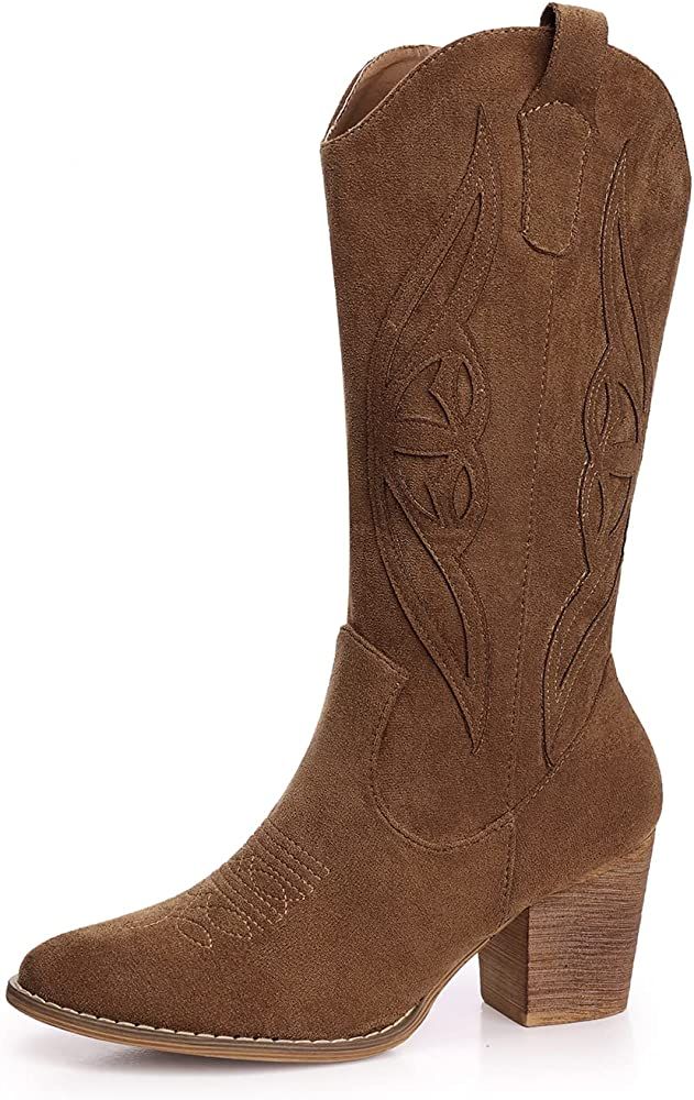 SHIBEVER Cowboy Boots for Women Embroidered Western Cowgirl Mid Calf Boots Chunky Heeled Round To... | Amazon (US)