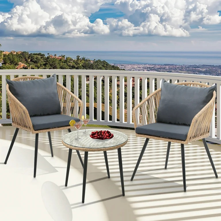 Dextrus 3-Piece Outdoor Patio Furniture Wicker Bistro Set, All-Weather Rattan Conversation Chairs... | Walmart (US)