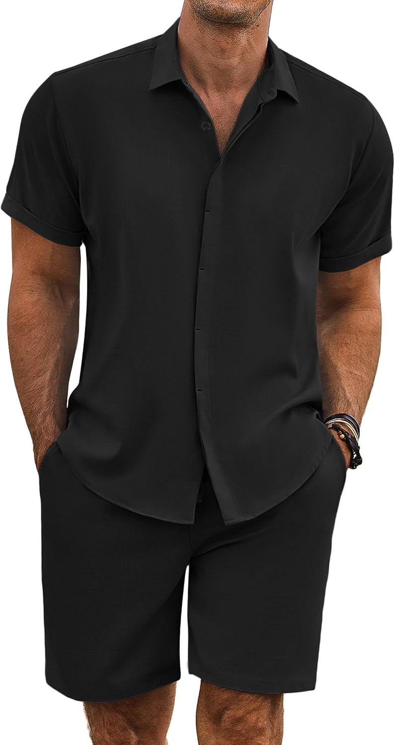 COOFANDY Men's Summer Beach Outfits 2 Piece Short Sleeve Shirts and Shorts Vacation Texture Linen Sets for Men | Amazon (US)