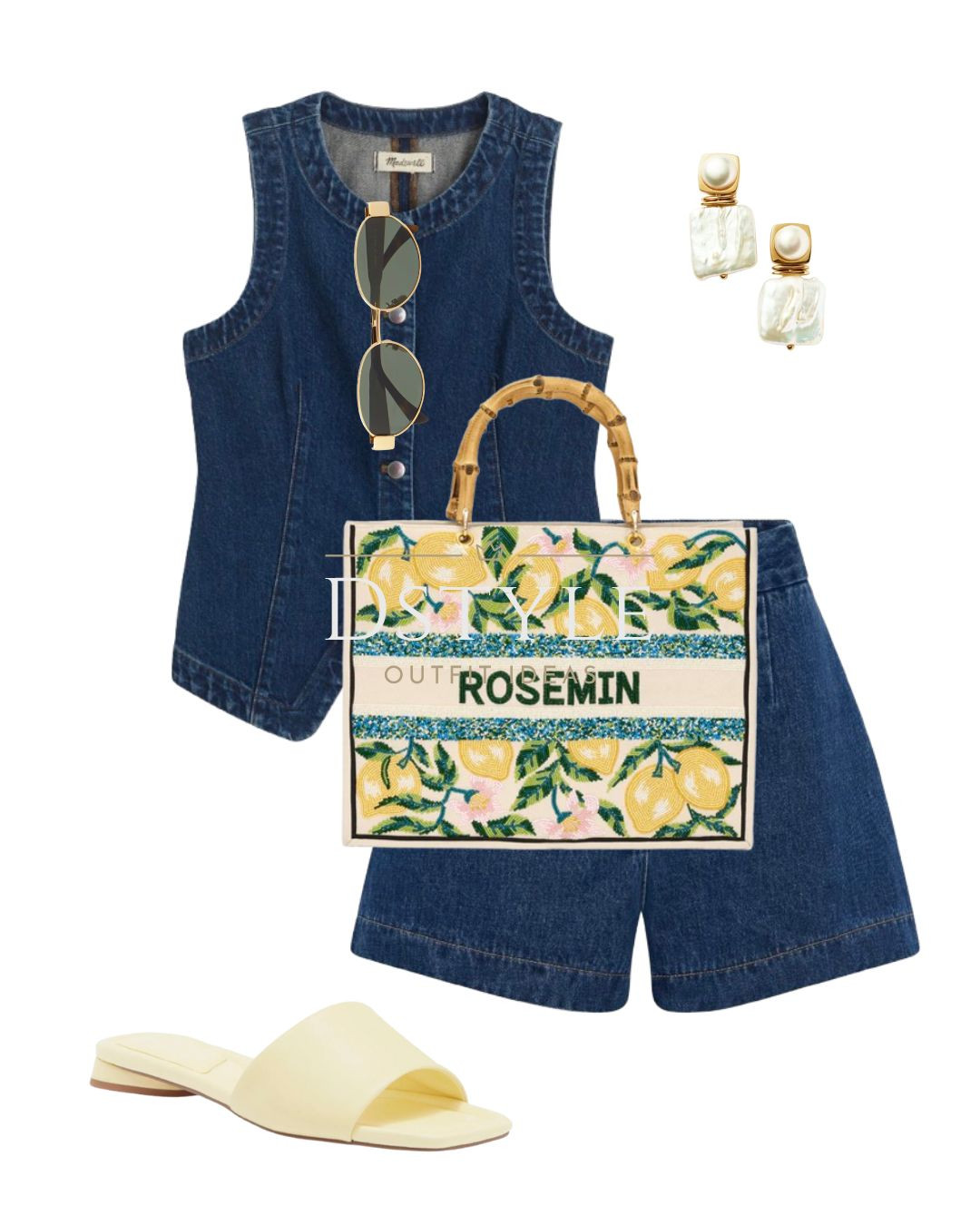 Denim shorts, denim vest/ waistcoat, pastel yellow slide sandals, personalised beaded tote bag. 

 

#LTKStyleTip #LTKShoeCrush #LTKItBag