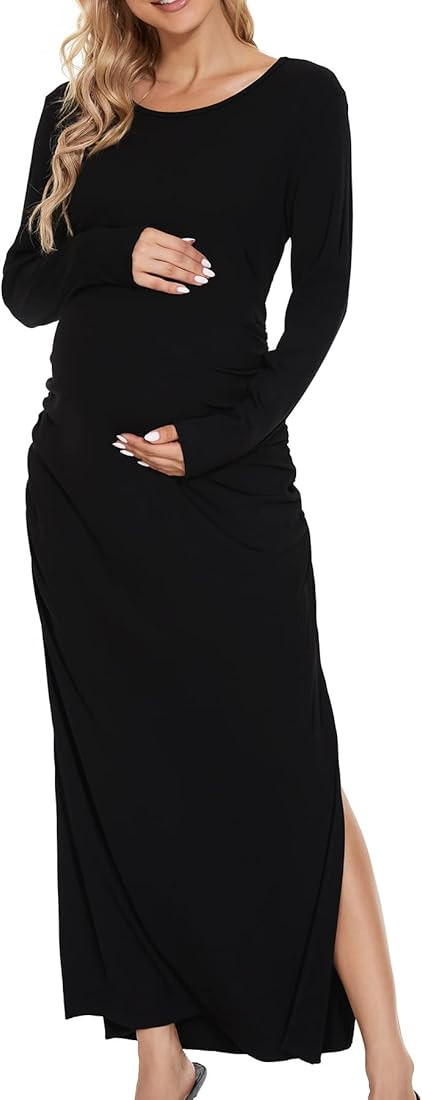 Smallshow Women's Split Maternity Dress Long Sleeve Ruched Pregnancy Clothes | Amazon (US)