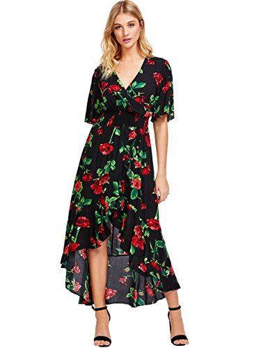 MakeMeChic Women's Short Sleeve Floral High Low V-Neck Long Maxi Dress Black M | Amazon (US)