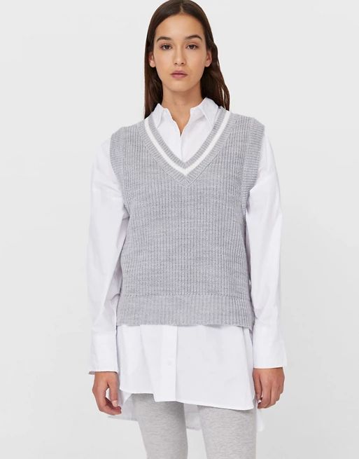Stradivarius knit sweater vest with contrast stripe detail in gray | ASOS (Global)