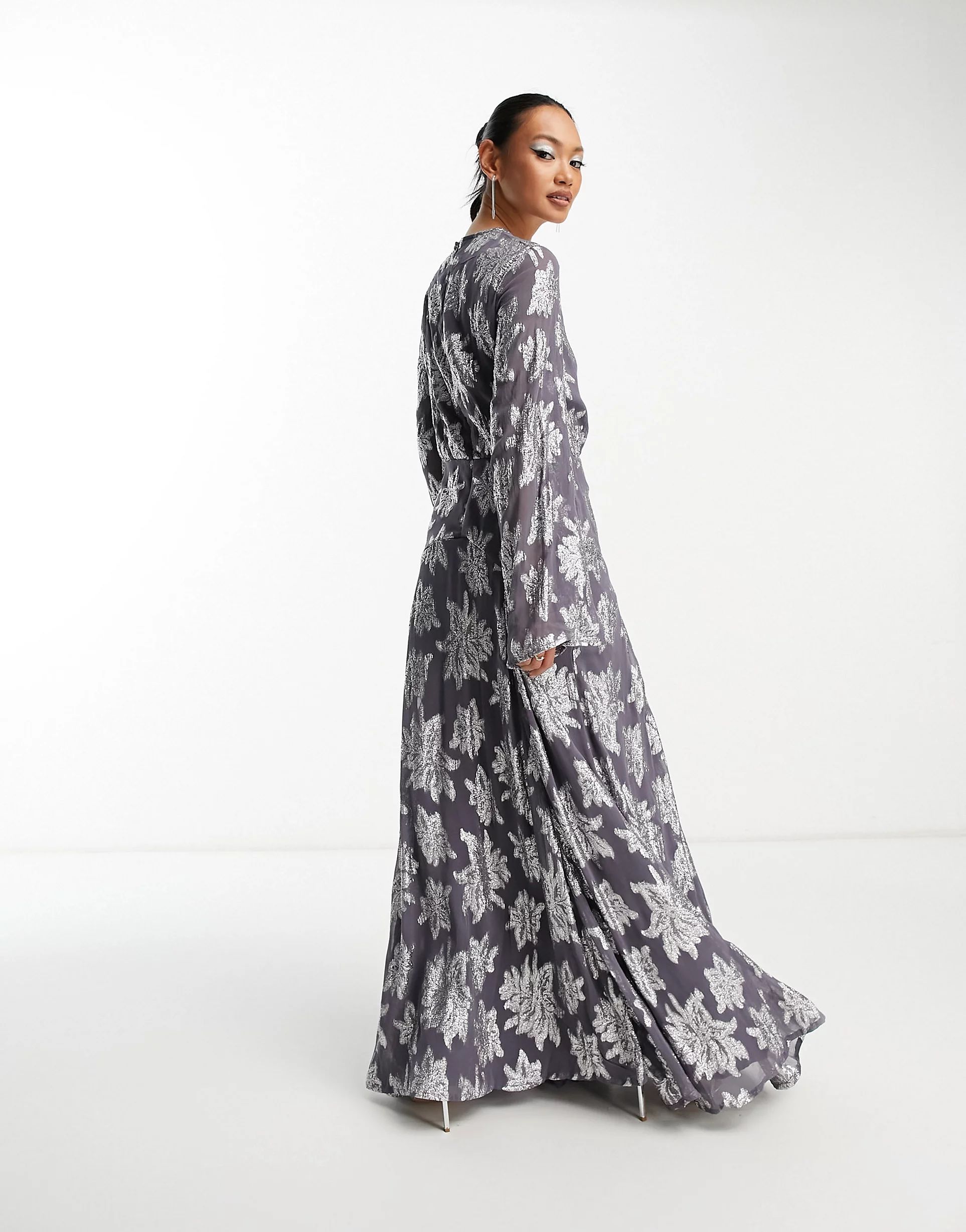 ASOS DESIGN metallic long sleeve midi dress with frill cuffs in grey | ASOS (Global)
