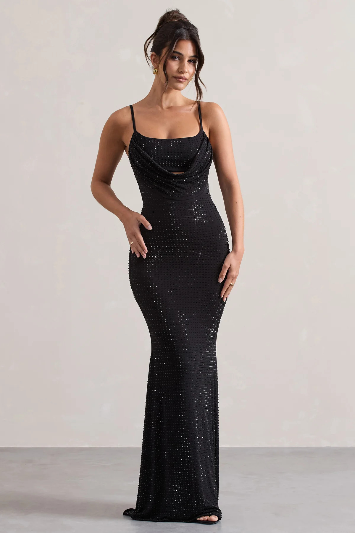 Costella | Black Embellished Strappy Cowl-Neck Maxi Dress | Club L London