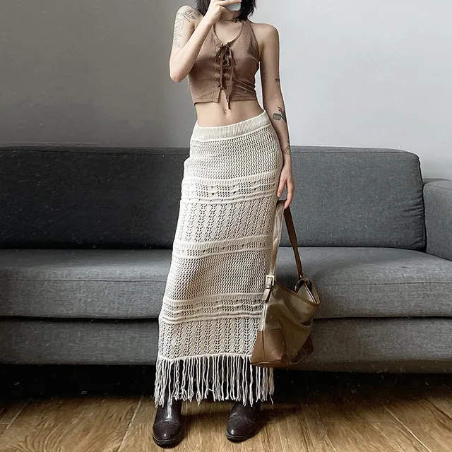 Sosana - Low Waist Crochet Knit Tassel Maxi Skirt | YesStyle | YesStyle Global