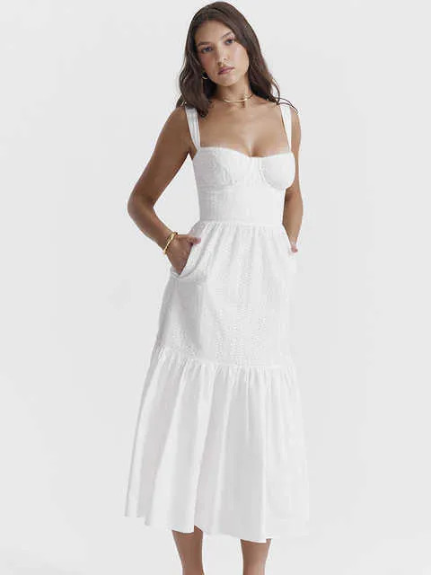 White Broderie Anglaise Sundress Women Elegant Holiday Beach Wear Summer Midi Dress | DHGate