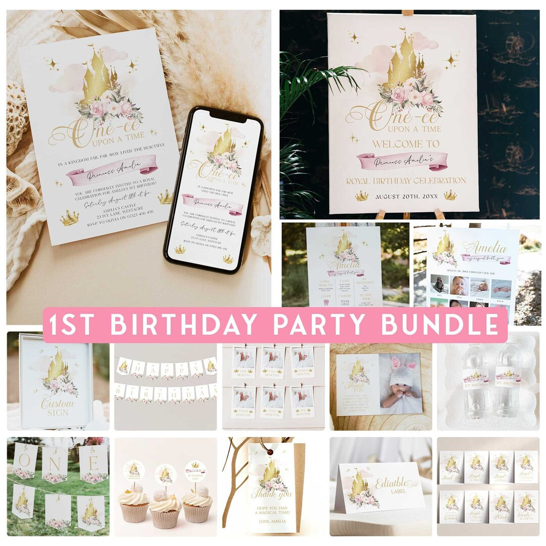 Princess FIRST BIRTHDAY Party Bundle, Editable Royal Princess 1st Birthday Invitation Set, One-ce... | Etsy (US)