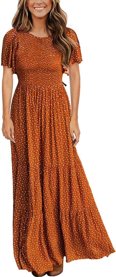 Kranda Women's Round Neck Short Flutter Sleeve Smocked Ruffle Floral Maxi Dress | Amazon (US)