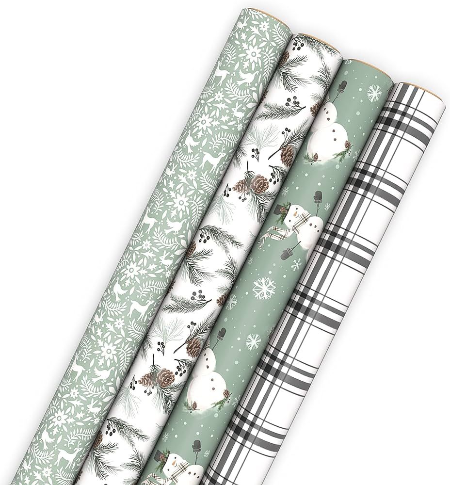 Hallmark Recyclable Neutral Christmas Wrapping Paper (4 Rolls: 100 Sq. Ft. Ttl) White and Sage Gr... | Amazon (US)
