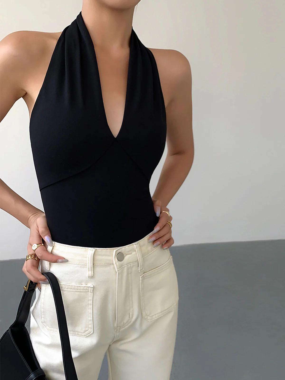 V-Neck Halter Open Back Tank Top | Commense